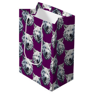 White Wolf Head Pattern Design Purple  Medium Gift Bag