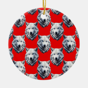 White Wolf Head Pattern Design - Red  Ceramic Ornament