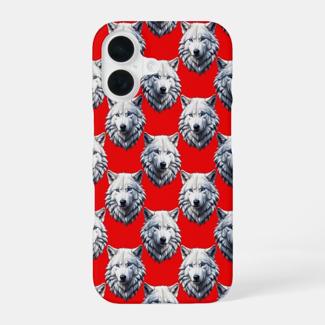White Wolf Head Pattern Design - Red  iPhone 16 Case (Back)