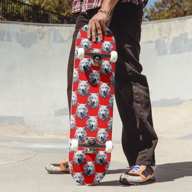 White Wolf Head Pattern Design - Red  Skateboard (Creator Uploaded)