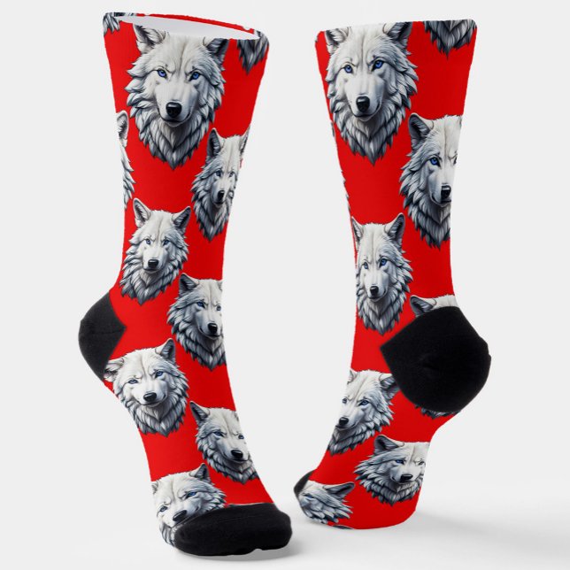 White Wolf Head Pattern Design - Red  Socks (Creator Uploaded)