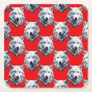 White Wolf Head Pattern Design - Red Square Paper Coaster