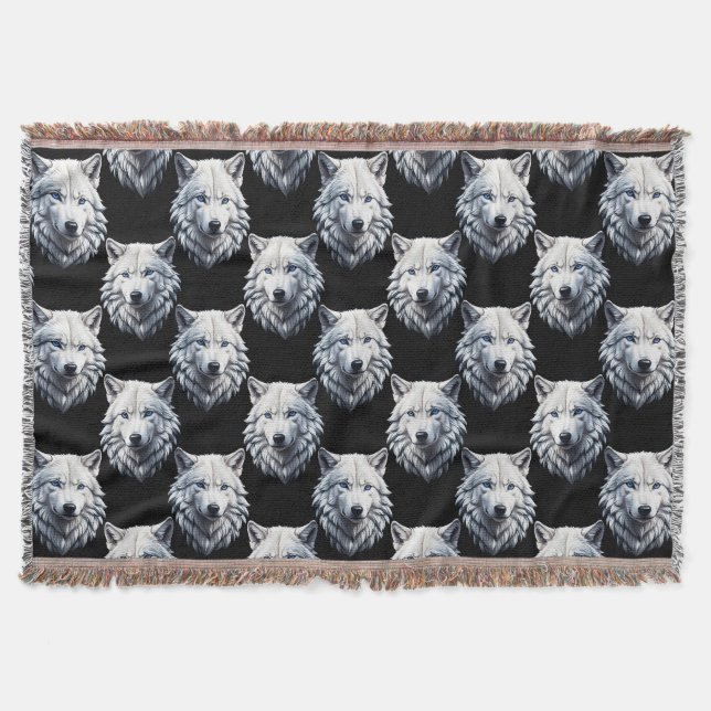 White Wolf Head Pattern Design  Throw Blanket (Front)