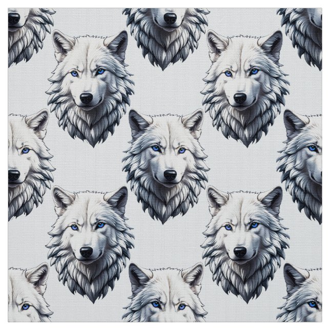 White Wolf Head Pattern Design - White  Fabric (Swatch)