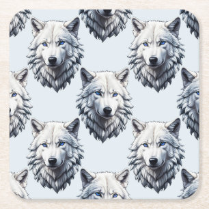 White Wolf Head Pattern Design - White  Square Paper Coaster