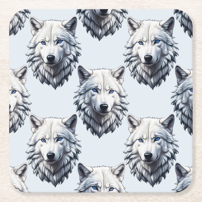 White Wolf Head Pattern Design - White  Square Paper Coaster (Front)