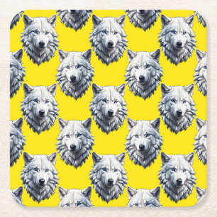 White Wolf Head Pattern Design Yellow Square Paper Coaster