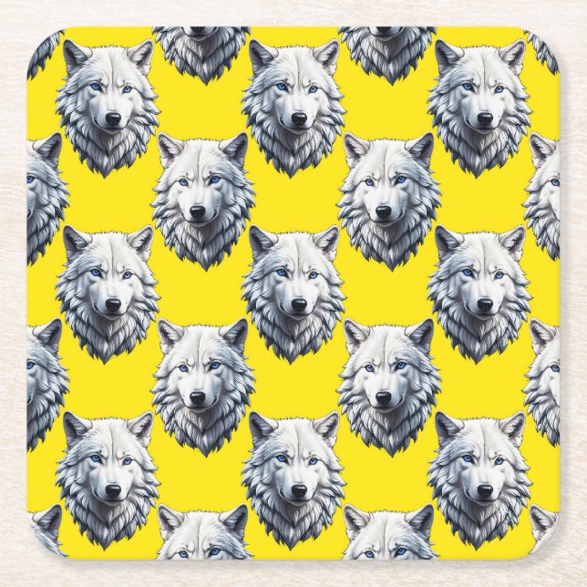 White Wolf Head Pattern Design Yellow  Square Paper Coaster (Front)
