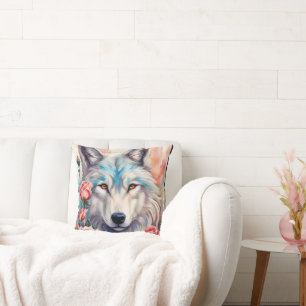 white wolf head pink roses wildlife painting throw pillow