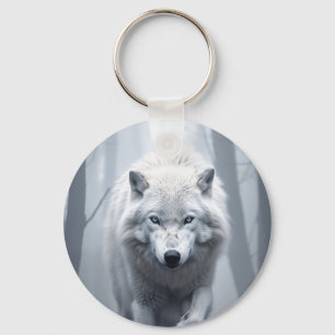 White Wolf in Foggy Forest Keychain