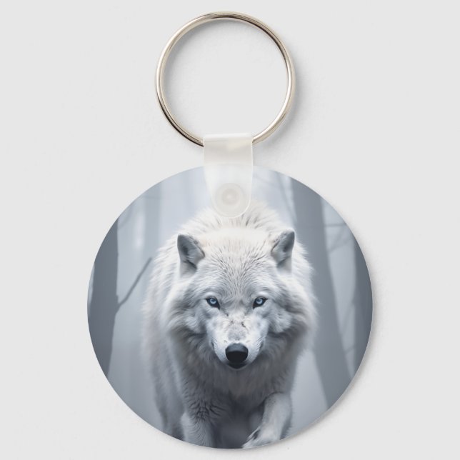 White Wolf in Foggy Forest Keychain (Front)
