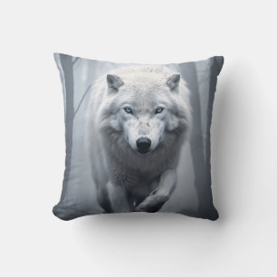 White Wolf in Foggy Forest Throw Pillow