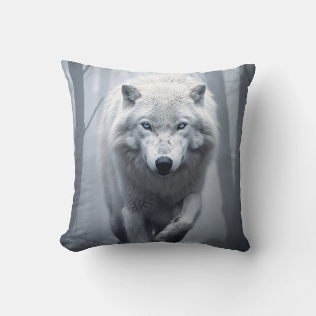 White Wolf in Foggy Forest Throw Pillow (Front)