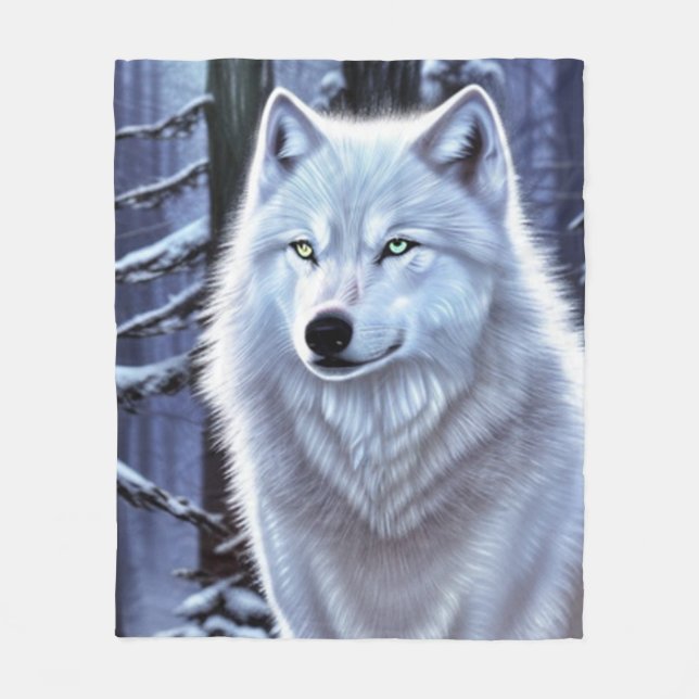 White Wolf In Snowy Forest Blanket (Front)