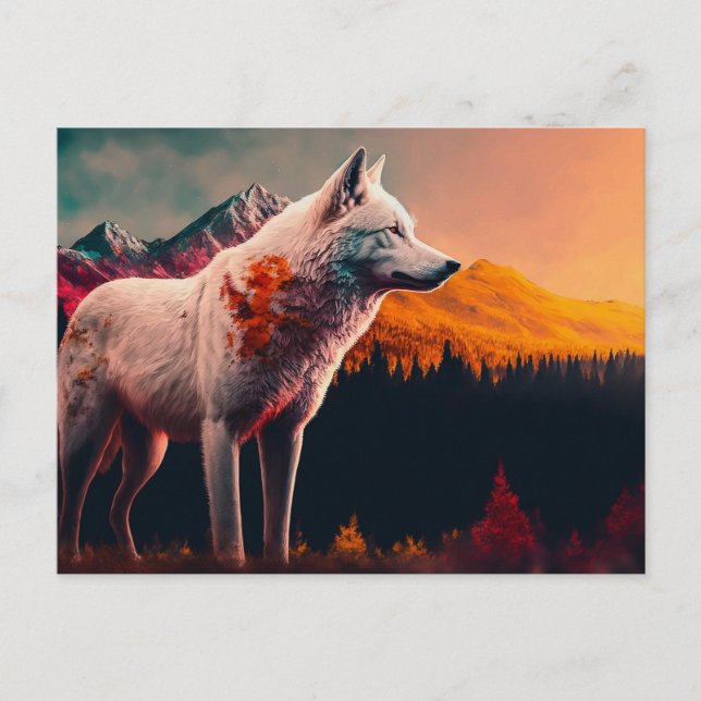 White Wolf in the Mountain at Sunrise Postcard (Front)