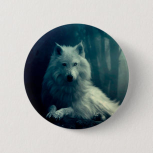 White wolf in the night forest 2 inch round button