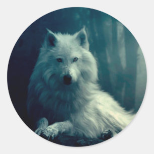White wolf in the night forest classic round sticker