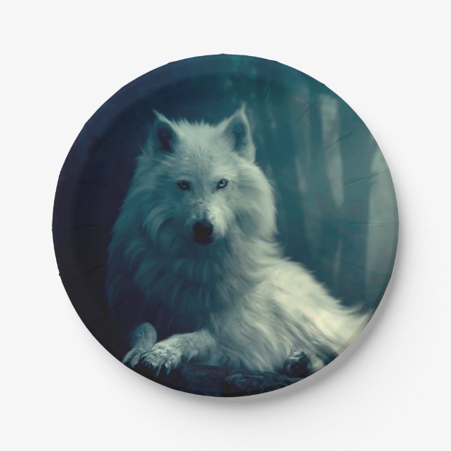 White wolf in the night forest paper plate (Front)