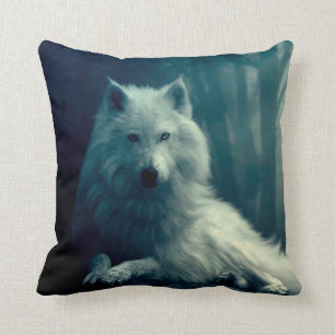 White wolf in the night forest throw pillow