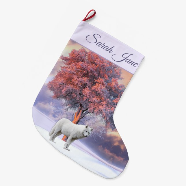 White Wolf in Winter | Pink Christmas Stocking (Front (Hanging))