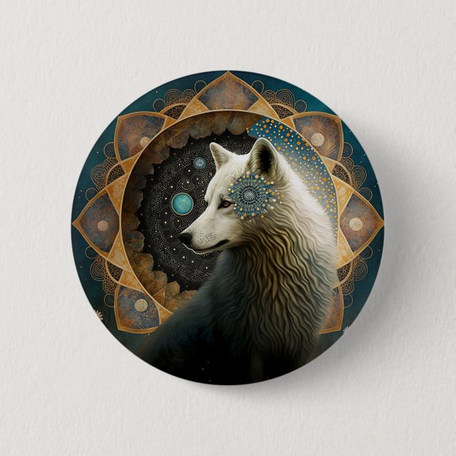 White Wolf Mandala 2 Inch Round Button (Front)