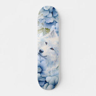 White Wolf Pastel Blue Watercolor Florals Skateboard