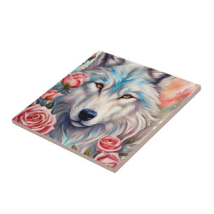 white wolf pink rose flowers animal nature art tile