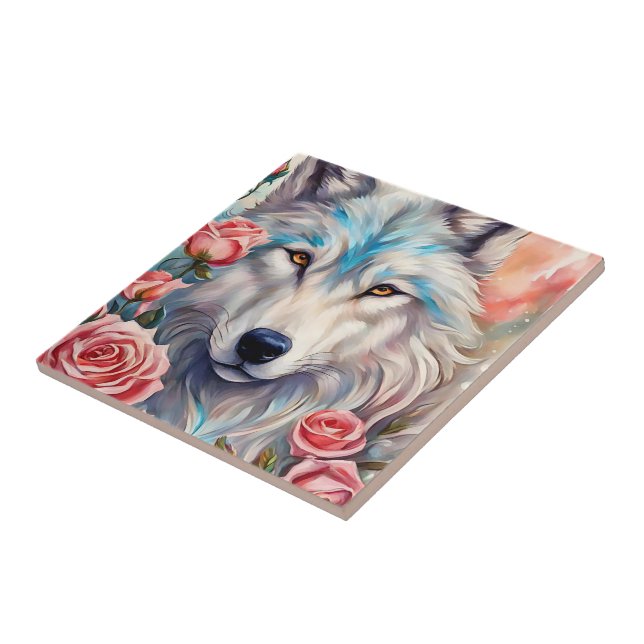 white wolf pink rose flowers animal nature art tile (Side)