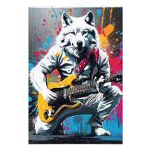 White wolf playing guitar, graffiti