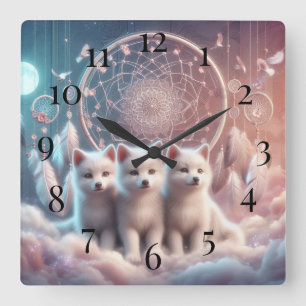 White Wolf Pups and Dreamcatcher Square Wall Clock