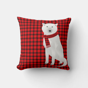 White Wolf Red & Polar Bear with Cub Buffalo Plaid Throw Pillow
