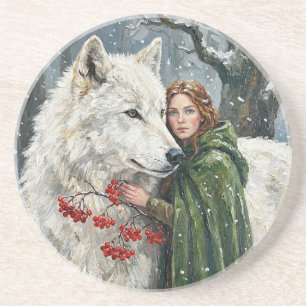 White Wolf Redhead Druid Winter Berries Fantasy Ar Coaster