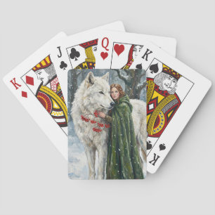 White Wolf Redhead Druid Winter Berries Fantasy Ar Playing Cards