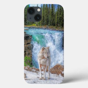 White Wolf & Rocky Mountain Waterfall Wildlife Art iPhone 13 Case