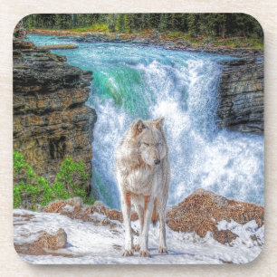 White Wolf & Rocky Mountain Waterfall Wildlife Art Coaster