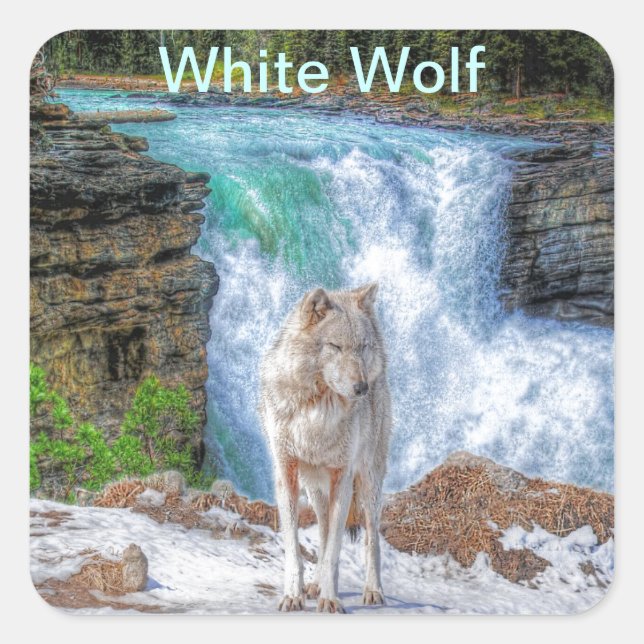 White Wolf & Rocky Mountain Waterfall Wildlife Art Square Sticker (Front)