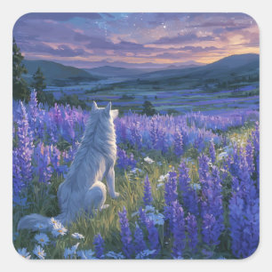 White Wolf Sitting in Purple Lupine Flower Square Sticker