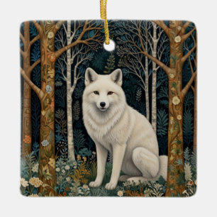 White wolf vintage boho woodland forest  ceramic ornament