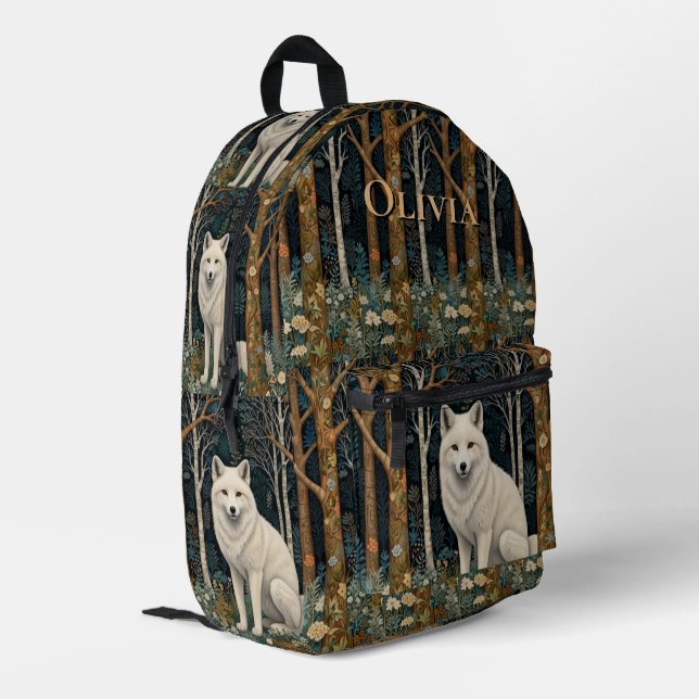 White wolf vintage boho woodland forest  printed backpack (Back Corner Left)