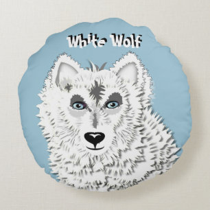 White Wolf Wild Animal Illustration Round Pillow