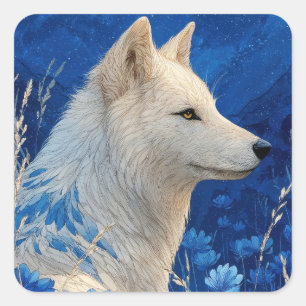 White Wolf with Blue Floral Fur Pattern Art Square Sticker