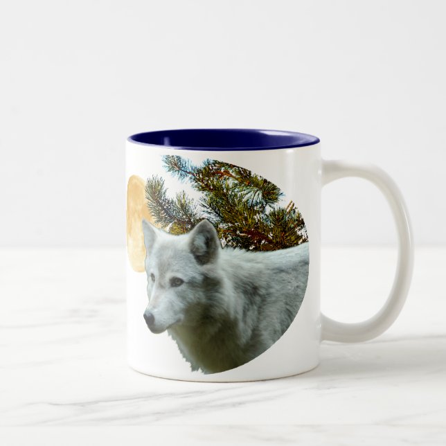 WHITE WOLF WITH MOON Two-Tone COFFEE MUG (Right)