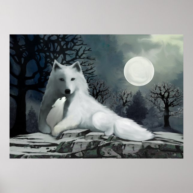 White Wolf with Pup Poster (Front)