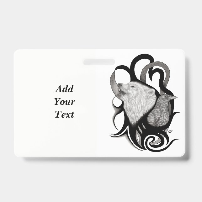 White Wolf with Raven Tribal Art Badge (Front)