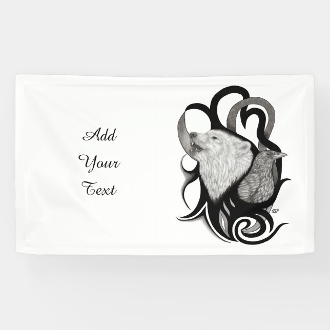 White Wolf with Raven Tribal Art Banner (Horizontal)