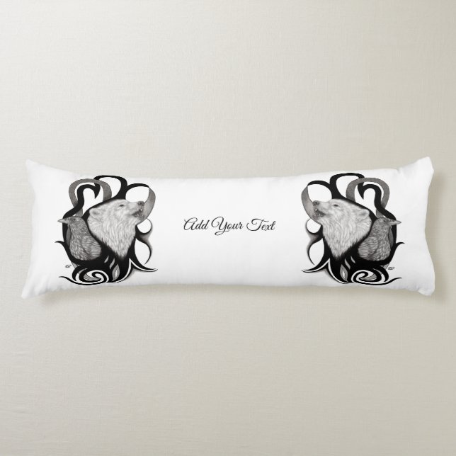 White Wolf with Raven Tribal Art Body Pillow (Front)