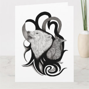 White Wolf with Raven Tribal Art Card