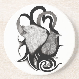 White Wolf with Raven Tribal Art Coaster