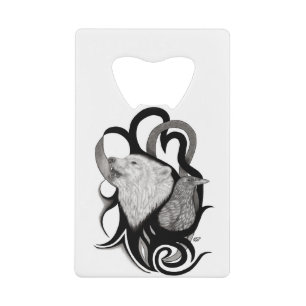 White Wolf with Raven Tribal Art Credit Card Bottle Opener