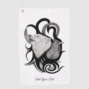 White Wolf with Raven Tribal Art Golf Towel